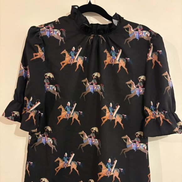 Lauren Good Day Wearable Art Blouse Horses, Ledger Riders Frill Top - Picture 1 of 4